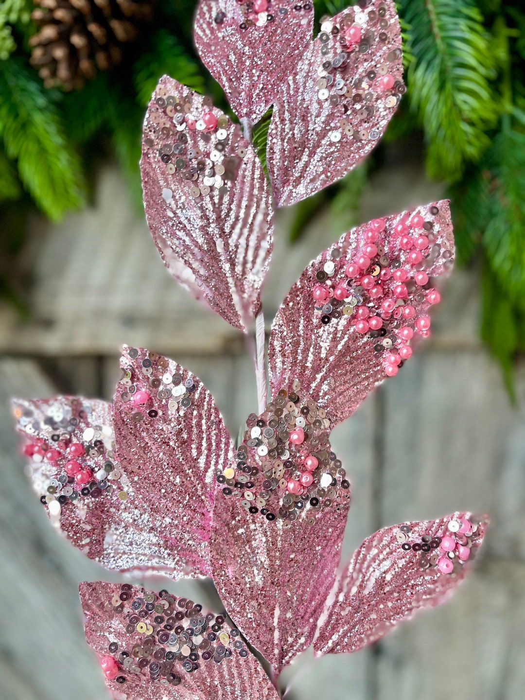 29 Pink Glitter Leaf Spray, Christmas Spray, Christmas Tree Spray