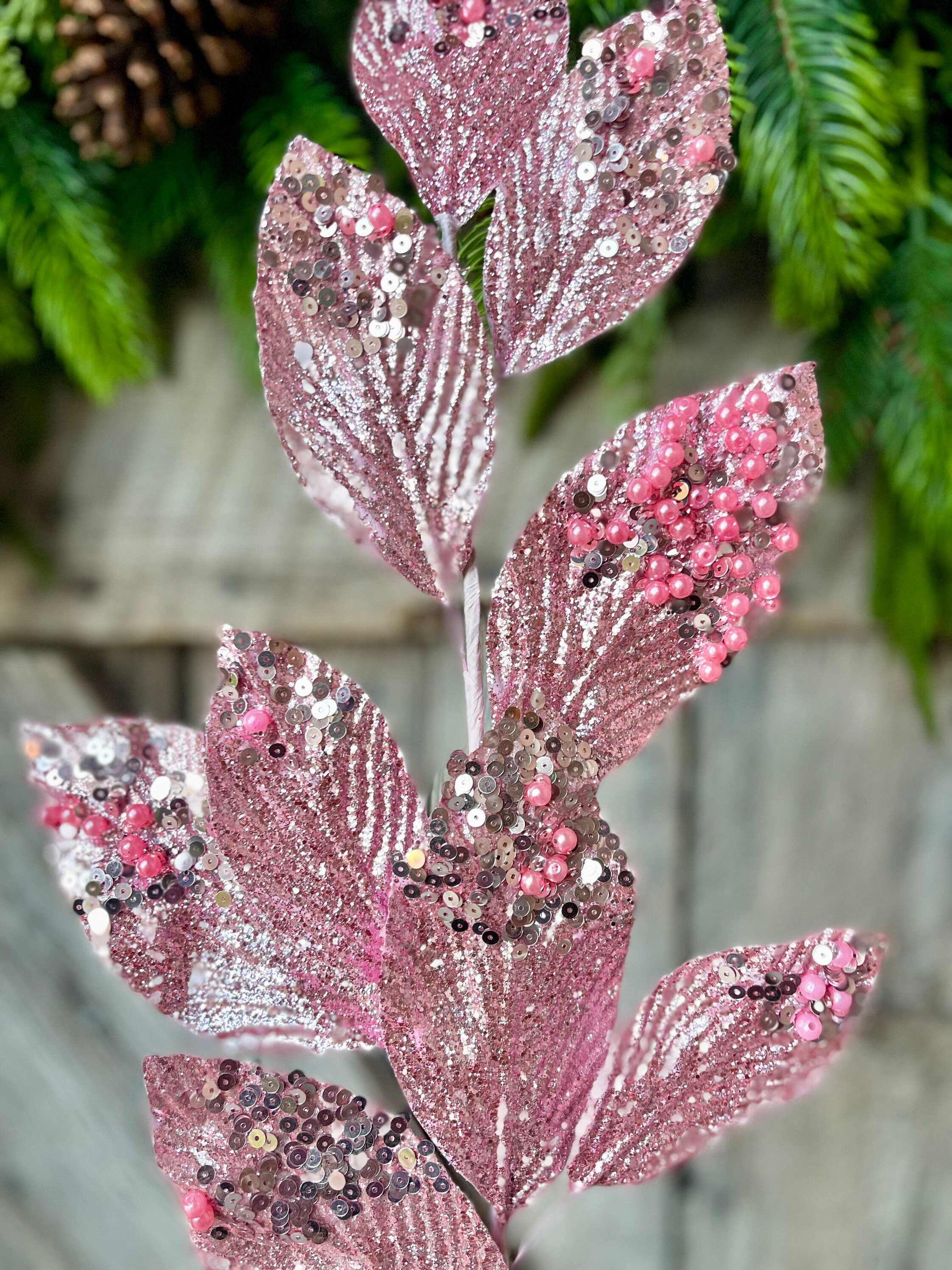 29 Pink Glitter Leaf Spray, Christmas Spray, Christmas Tree Spray, Christmas Picks & Stems