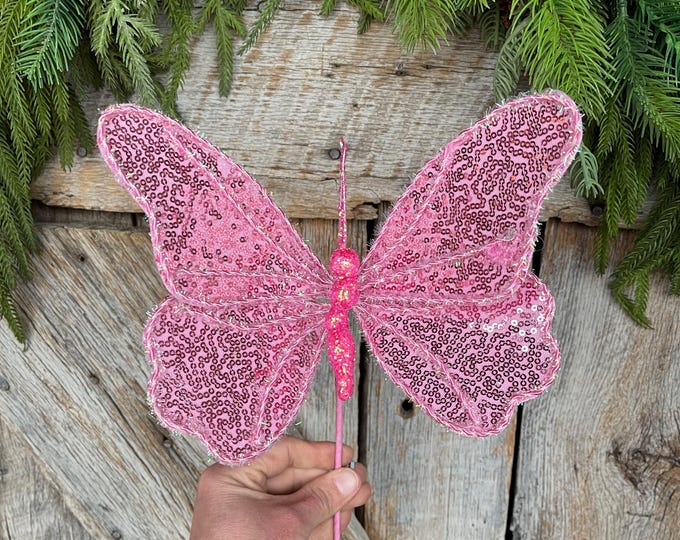 10" Pink Sequin Butterfly Pick, Spring Decor, Butterfly Decor, Butterfly Wreath Attachment, Pink butterfly decor, 63578PK