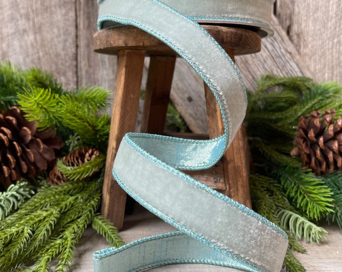 1" Light Blue Velvet Luster Wired Ribbon, Farrisilk Ribbon, Velvet Ribbon, Blue Velvet Ribbon, Christmas Ribbon, Wired Ribbon, Holiday Decor