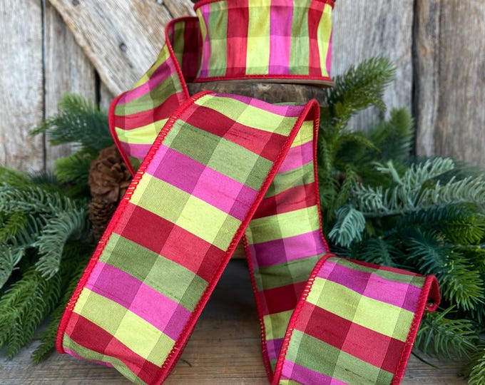 2.5" Fuchsia, Lime Red Plaid Wired Ribbon, Designer Christmas Ribbon for Wreaths, Trees & Bows