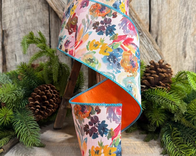 4" Fall Floral Ribbon, Turquoise Floral Ribbon, Autumn Designer Ribbon