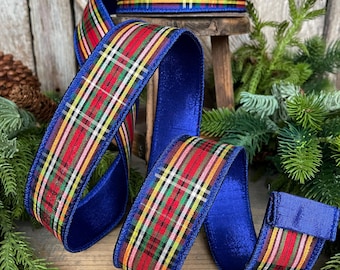 1.5" Blue Caroler Plaid RIbbon, Farrisilk Ribbon, Traditional Plaid RIbbon, CHristmas Plaid, BLue Plaid CHristmas RIbbon, ROyal BLue Ribbon