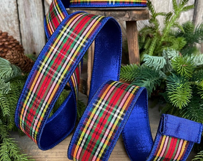 1.5" Blue Caroler Plaid RIbbon, Farrisilk Ribbon, Traditional Plaid RIbbon, CHristmas Plaid, BLue Plaid CHristmas RIbbon, ROyal BLue Ribbon
