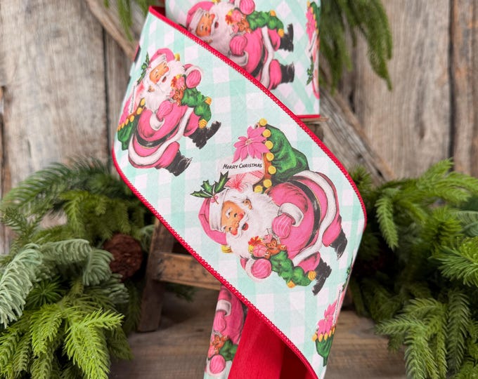 4” Retro Pink Santa Wired Ribbon, Mint Green Check, Red Backing, 10 Yard Roll