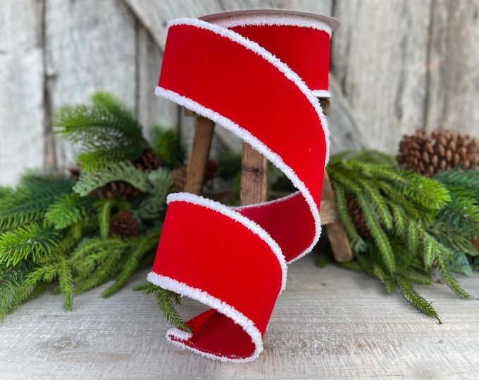 2.5" Santa Trim Wired RIbbon, Farrisilk Ribbon, White Furry Trim, Christmas Ribbon, Christmas Tree Ribbon, Designer Ribbon, Red White Ribbon