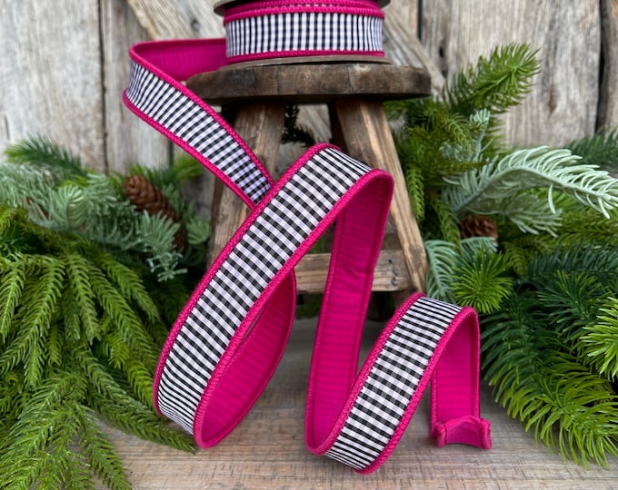1" Hot Pink & Black White Mini Checkered Ribbon, D Stevens Ribbon, Check Ribbon, Narrow Ribbon, Designer RIbbon, Wreath Supply, 87-1643