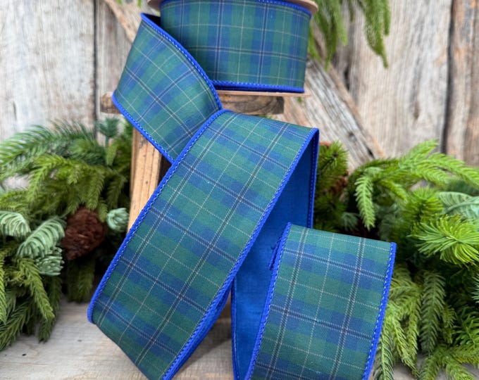 2.5" Blue Green Christmas Plaid Ribbon, Black Watch Plaid Ribbon, Navy Blue Plaid