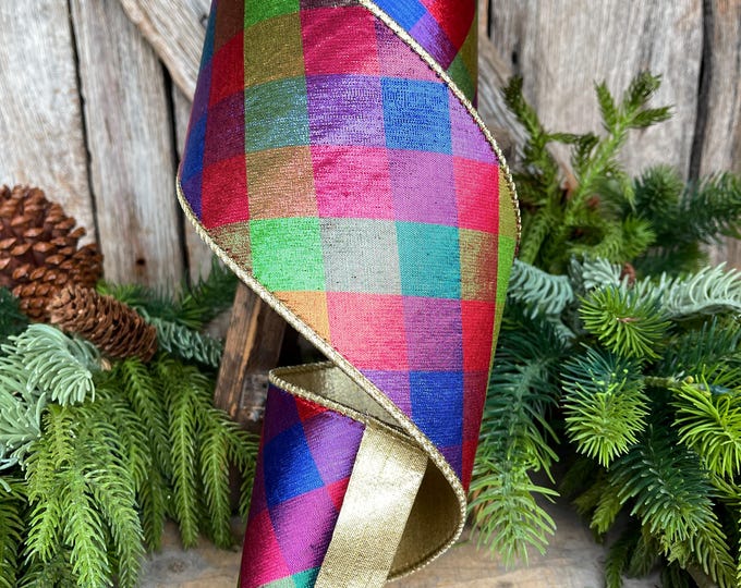 4" Color Checks Christmas RIbbon, Colorful Ribbon, Designer Ribbon, Red Metallic Checks Ribbon, Wired Ribbon, CHristmas Tree Ribbon, Red