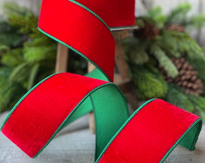 2.5" Red Emerald Velvet, Farrisilk Ribbon, 2 Tone Velvet, Christmas Velvet, Red and Green Velvet, Wreath Supply, Craft Supply, Wired Ribbon