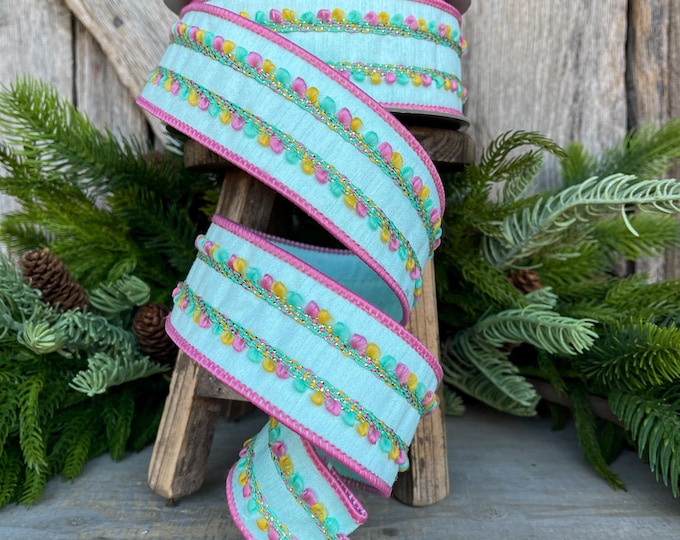 2" Mint Sherbert Puffs Ribbon, Farrisilk Ribbon, Wired Ribbon, Mint Blue Ribbon, Spring Summer Ribbon, Pastel Ribbon, SR096-13
