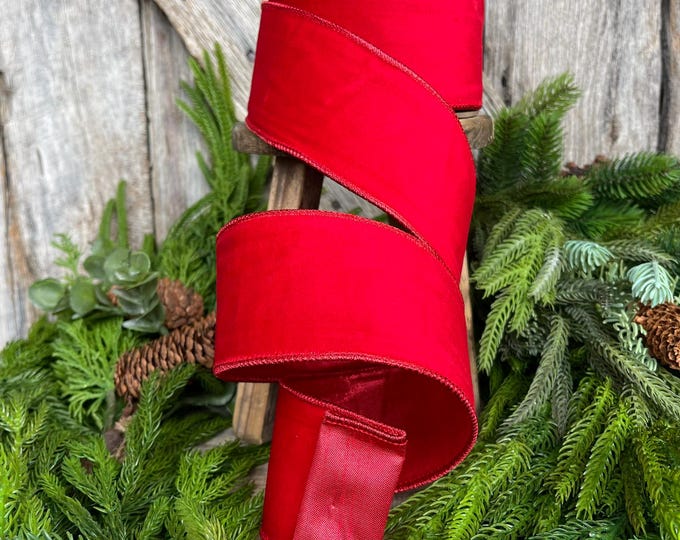 2.5" Red Velvet Ribbon, Christmas Tree Ribbon, Wreath Ribbon, Wired Ribbon, Christmas Decor, Wreath Supply, Velvet Ribbon, Red Ribbon