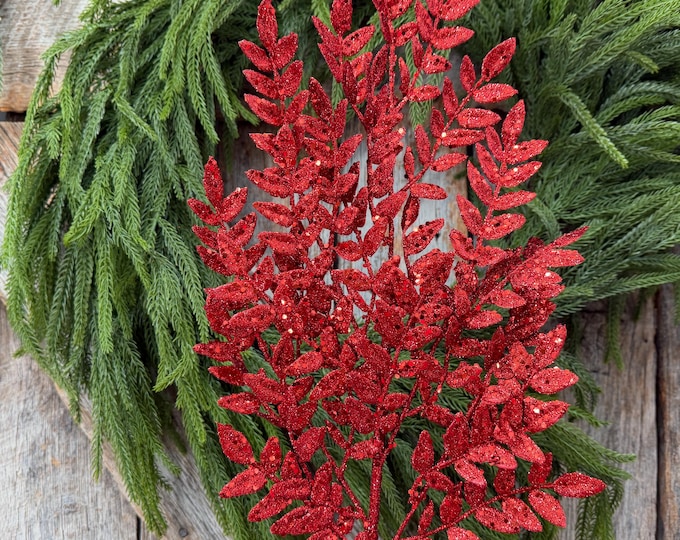 28" Red Glitter Fern Christmas Spray