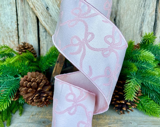 4" Pink Embroidered Bow Ribbon, Farrisilk Ribbon, Pink Bow Coquette Ribbon, Christmas Tree Ribbon