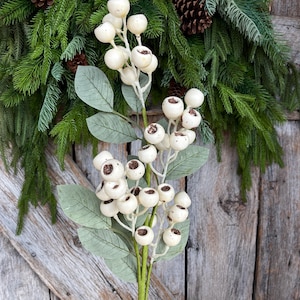 May include: A sprig of artificial berries with white, round fruit and brown centers. The berries are attached to a green stem with gray-green leaves. The background includes evergreen branches and pinecones, suggesting a holiday theme.