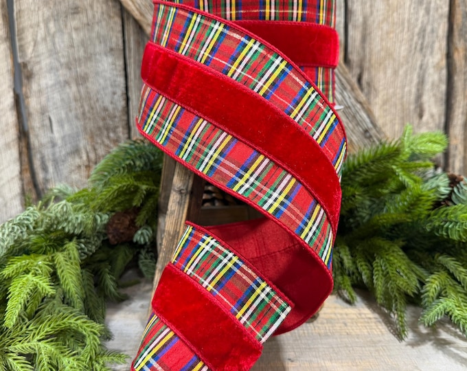 4" Red Velvet Traditional Plaid Ribbon, Farrisilk Christmas