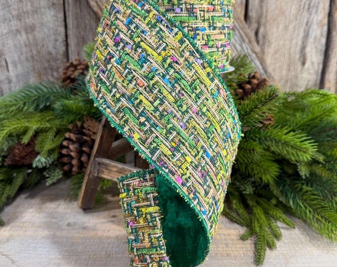 4" Green Tweed Ribbon, Farrisilk Jolly Tweed Ribbon, Christmas Tweed Ribbon, RS289-55