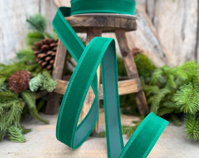 7/8" Green Velvet Ribbon, Green Ribbon, Flocked Ribbon, Narrow Ribbon, Christmas Ribbon, Gift Wrap Ribbon