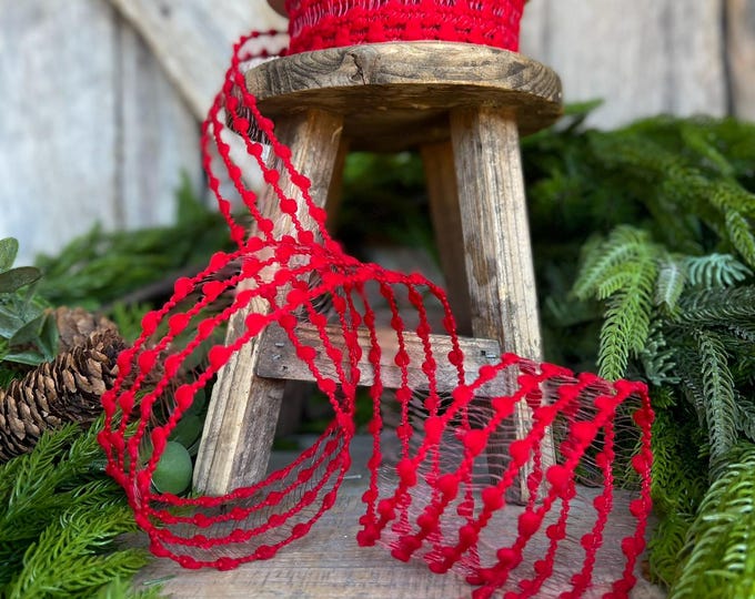 1.5" Red Pom Pom Ribbon, Red Wired Ribbon, Christmas RIbbon, Gift Wrap Ribbon, Ribbon for Bows