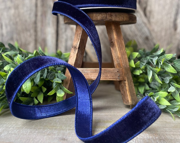 1" Navy Blue Velvet Ribbon, Velvet Ribbon, Farrisilk Wired Velvet Ribbon, wired,  Christmas Blue Velvet Ribbon, Nutcracker Blue Ribbon