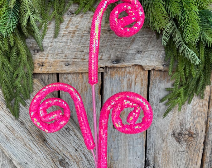 28" Hot Pink Sequin Curly Spray, Wreath Supply, Floral Supply, Pink Floral Pick, Hot Pink Spray,  63596HTPK