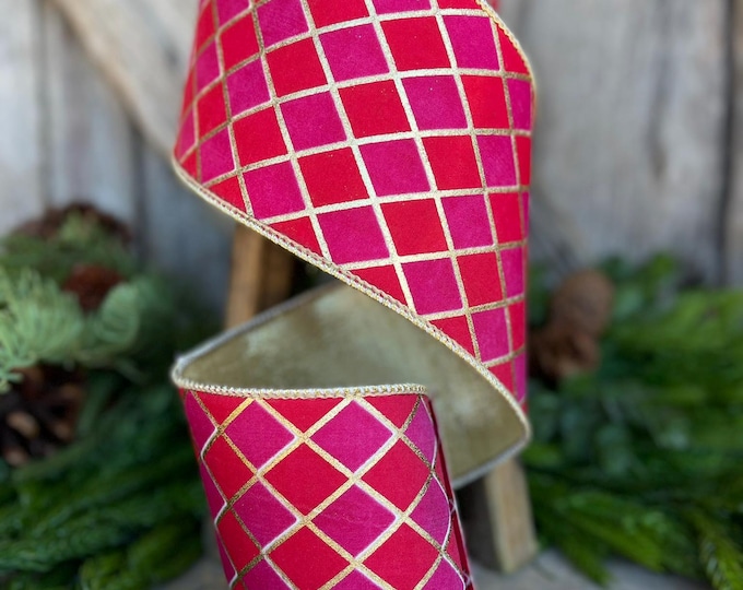 4" Red Pink Harlequin Ribbon, Diamond Ribbon, Red Hot Pink Ribbon, Wired Ribbon, Christmas Ribbon, Red and Pink Ribbon, Harlequin Ribbon