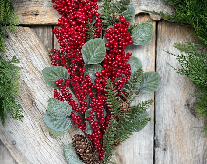 32" Red Berry Eucalyptus Pine Spray, Christmas Berry Spray, Christmas Berries, Artificial Christmas Berry Spray, 62054