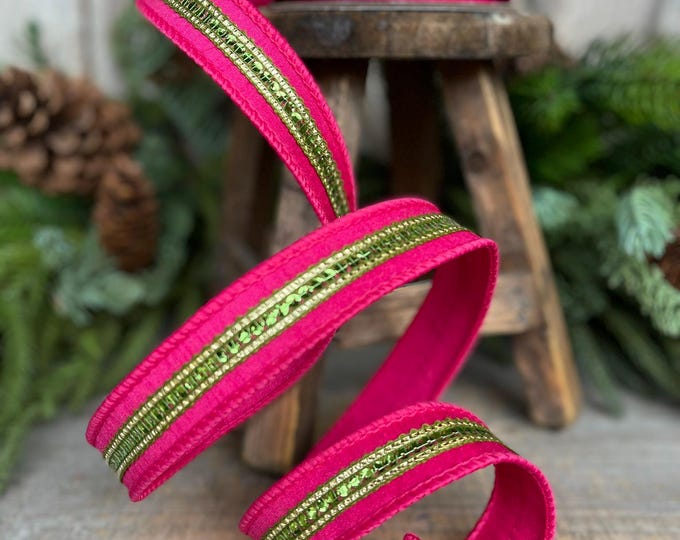 7/8" Hot Pink Twinkle Trim Ribbon, Pink Lime Green ribbon, Pink Jeweled RIbbon, Hot Pink Ribbon, Pink Green Ribbon, Spring Ribbon