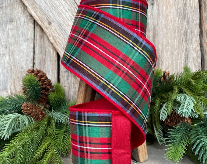 Christmas Plaid Wired Ribbon, Farrisilk Ribbon, Red, Green & Gold Tartan 4" x 10 Yards