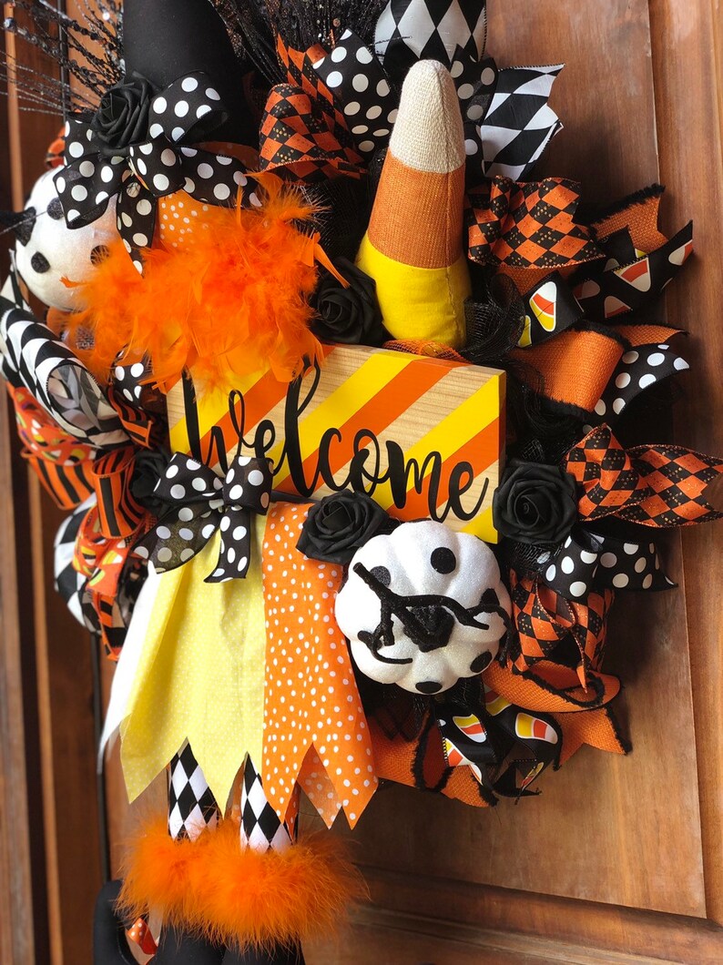 Halloween Decor Candy Corn Wreath Pumpkin Decor Witch Wreath Witch Hat Wreath Halloween Front Door Witch Decor Halloween Wreath