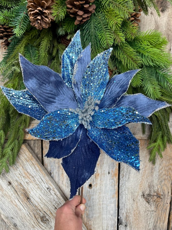 24" Blue Velvet Beaded Poinsetti Stem, jeweled Christmas Spray, Holiday Decor, Wreath Supply, Blue Tree Decorations,Christmas Poinsettia