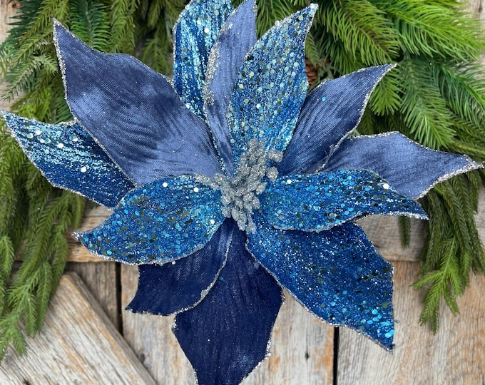 24" Blue Velvet Beaded Poinsetti Stem, jeweled Christmas Spray, Holiday Decor, Wreath Supply, Blue Tree Decorations,Christmas Poinsettia