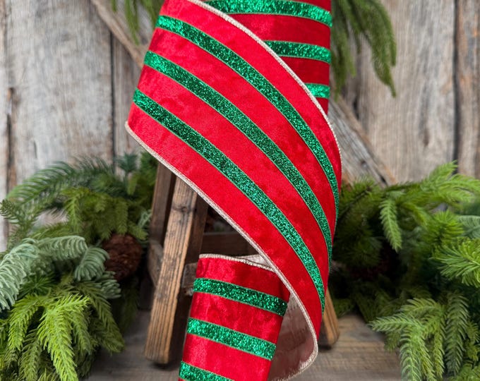 4” Red Velvet Wired Ribbon, Red Emerald Green Metallic Trim, 10 Yards