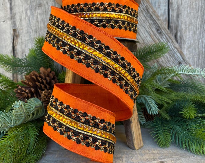 2.5" Halloween Ribbon, Supernatural Swirls, Farrisilk Ribbon, Wired Ribbon, Black Orange Ribbon, Designer Ribbon, Wreath Supply, HR029-87