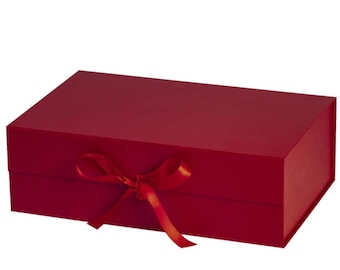 14" x 9" x 4.3" Red Collapsable Gift Box w/ Satin Ribbon & Magnetic Square Flap Lid, Metallic Red