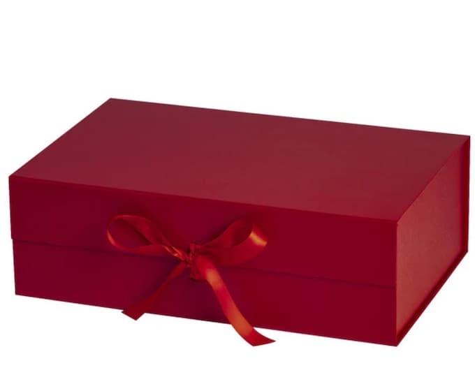 14" x 9" x 4.3" Red Collapsable Gift Box w/ Satin Ribbon & Magnetic Square Flap Lid, Metallic Red
