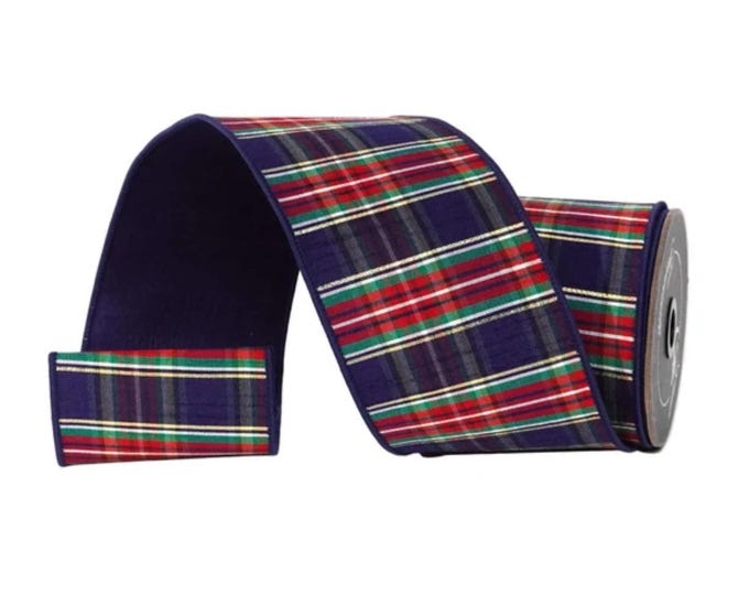 4" Navy Blue Christmas Plaid Ribbon, Farrisilk Plaid Ribbon