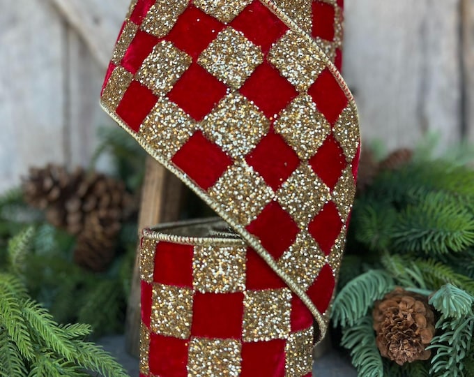 4" Red Gold Ribbon Glitter Checks, Christmas Tree Ribbon, Red Velvet Ribbon, Farrisilk Ribbon, Velvet for Christmas Tree, Chunky Glitter