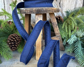 7/8" Navy Blue Dupioni Ribbon, Fall Ribbon, Christmas Ribbon, Wired
