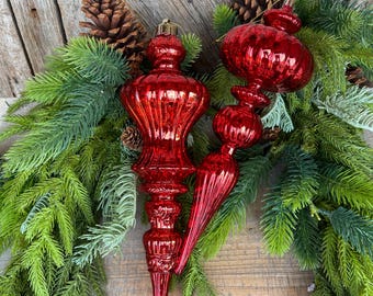 Set of 2 - 12" Red Iridescent Finial Ornament, Shatterproof Ornaments, Finial Ornaments, Christmas Ornaments, Red Christmas Ornaments