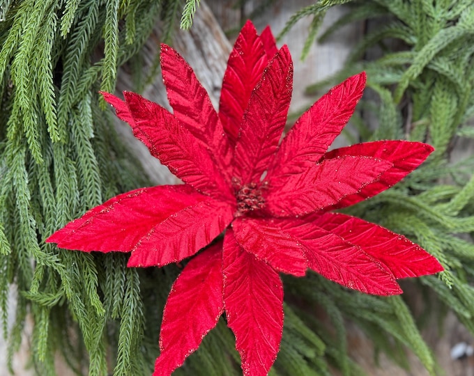 24" Red Velvet Poinsettia Stem, Christmas Tree Floral