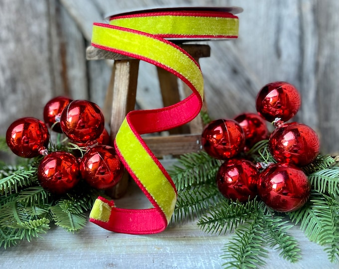 1" Lime Green Red Velvet Ribbon, Farrisilk ribbon, Christmas velvet ribbon, Whimsical Christmas, christmas ribbon, designer ribbon, RK130-17