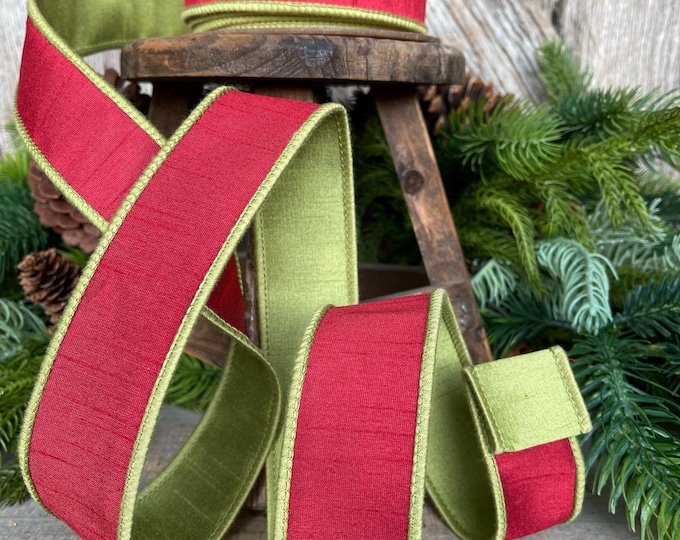 Red and Lime Green Dupion Wired Ribbon: Christmas Ribbon, 1.5" x 10 Yards
