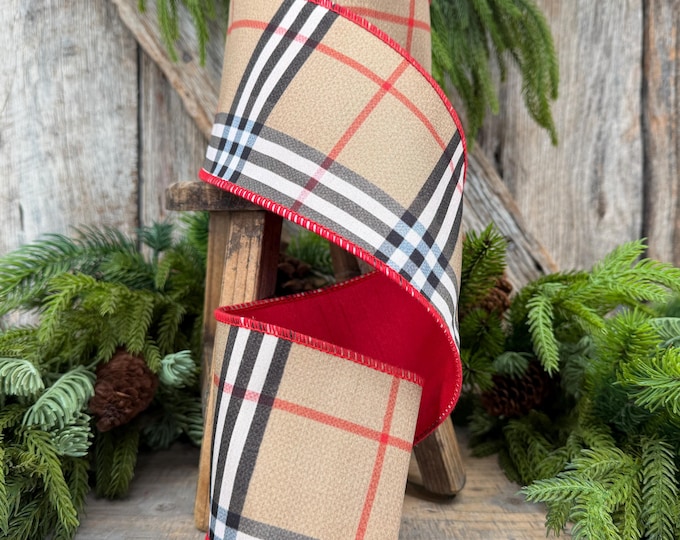 4” Brown Black Red holiday plaid, Christmas ribbon, 10 yards