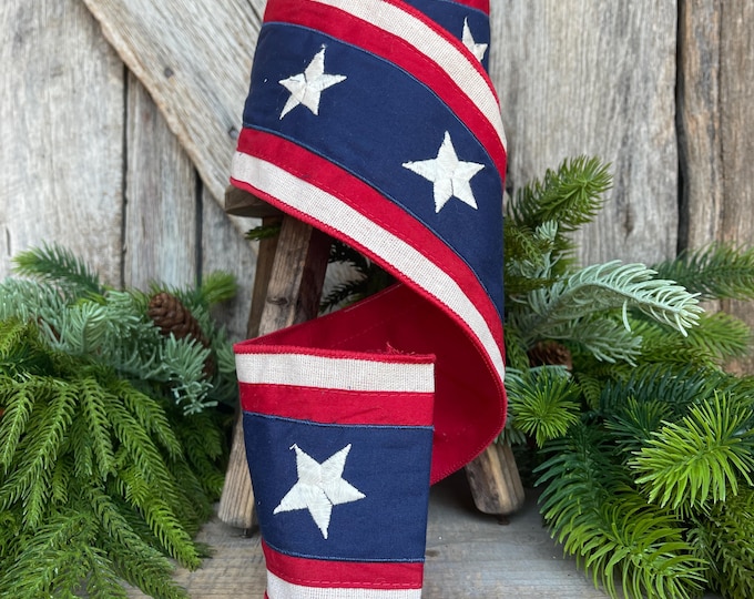4" Patriotic Plaid Ribbon, D Stevens Ribbon, Stars Stripes Ribbon, Red White Blue Plaid RIbbon, Wired RIbbon, 18-4450