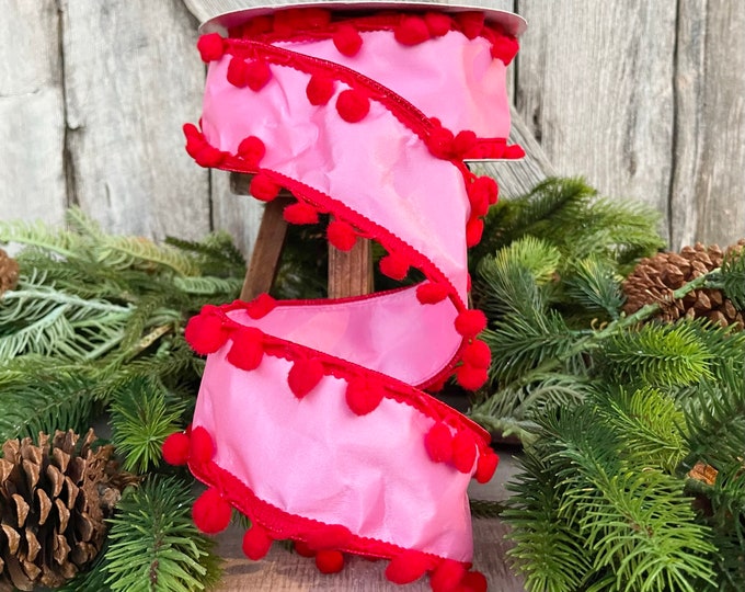 2.5" Bubble Gum Pink and Red Pom Pom Ribbon, Wired Ribbon, Pinkmas Ribbon, Pink and Red Ribbon, Pink Christmas Ribbon, Pom Pom Ribbon, Tree