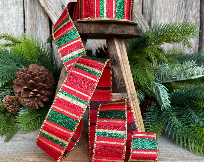 1.5" Red Green Gold Christmas Ribbon, Christmas Ribbon, 1.5" x 10 Yards