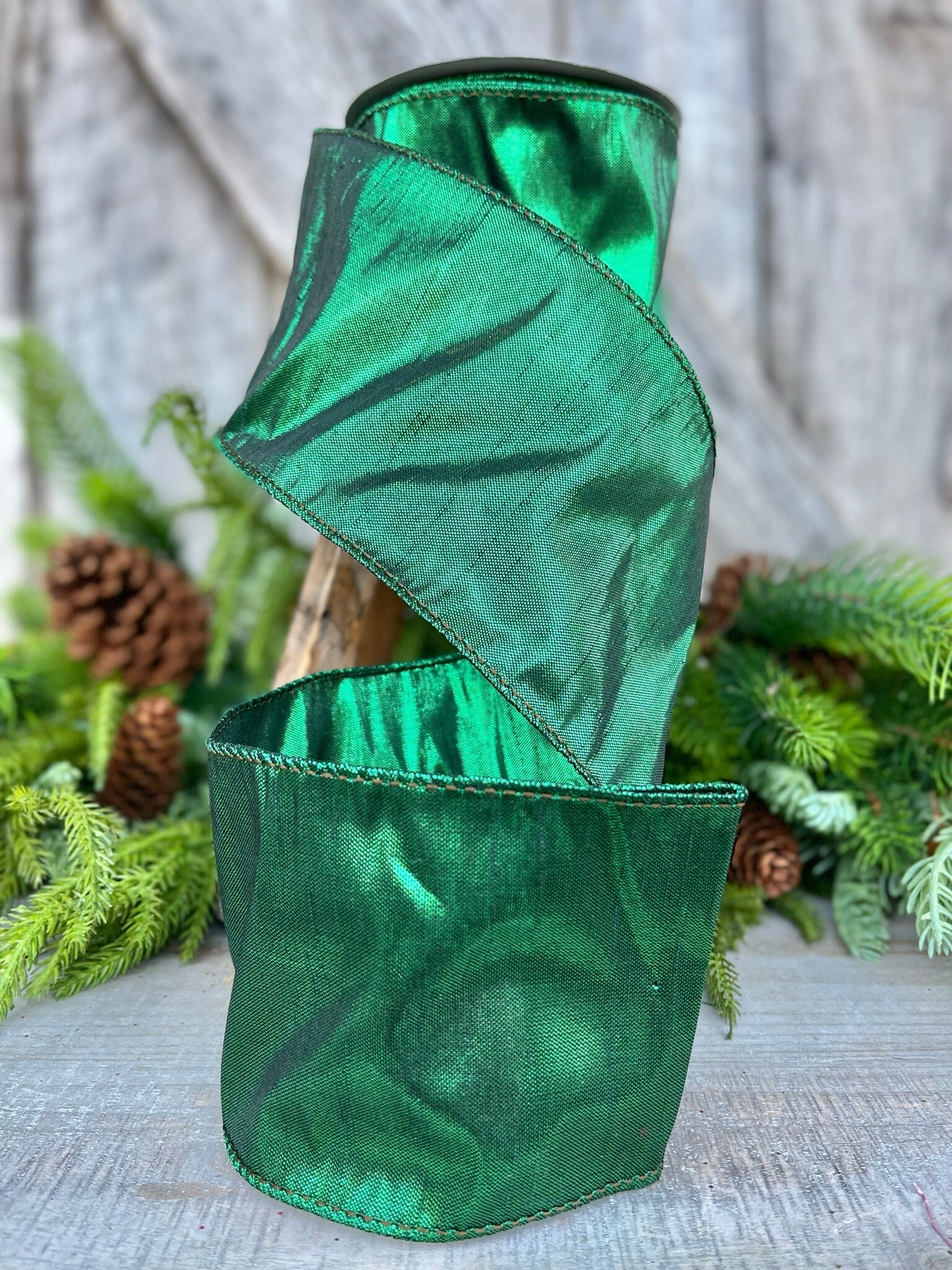 4 Emerald Green Metallic Ribbon, Christmas Ribbon, wired Ribbon