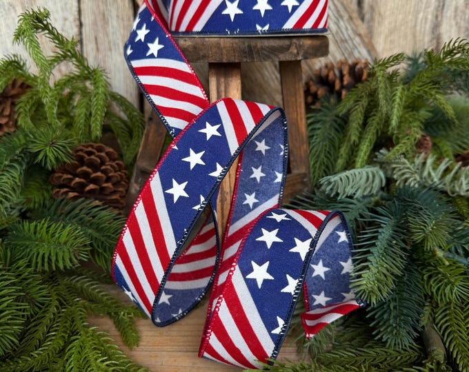 1.5" Stars and Stripes Patriotic Ribbon by Farrisilk, Patriotic Wired Ribbon, American Ribbon, 4th of July ribbon, Americana Decor