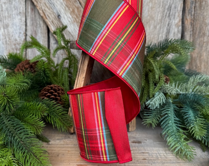 4" Traditional Christmas Plaid Ribbon, Wired Ribbon, Red Green Chirstmas Plaid RIbbon